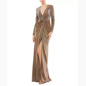 Ieena For Mac Duggal Metallic Twist-Front V-Neck Long Sleeve Gown, Bronze, US 6